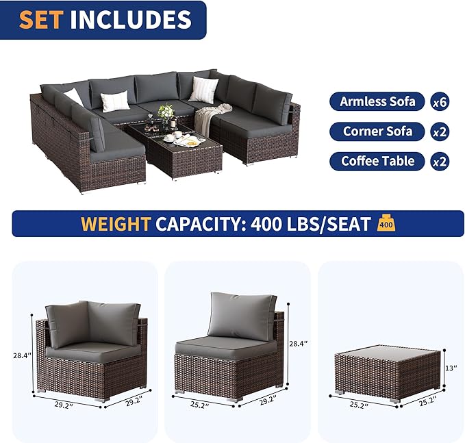 Patio Furniture Set, 10-Piece Outdoor Sectional with Waterproof Cover, All-Weather Wicker Patio Conversation Sets for Backyard (Brown with Grey Cushion)