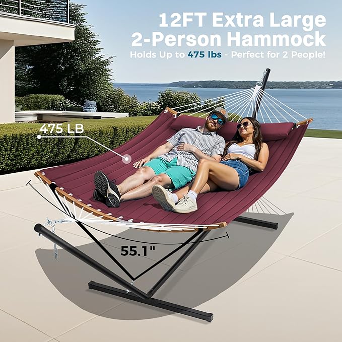 SUPERJARE Curved-Bar Hammock with Stand, 2 Person Heavy Duty Hammock Frame, Detachable Pillow & Portable Carrying Bag, Perfect for Outdoor & Indoor, Burgundy