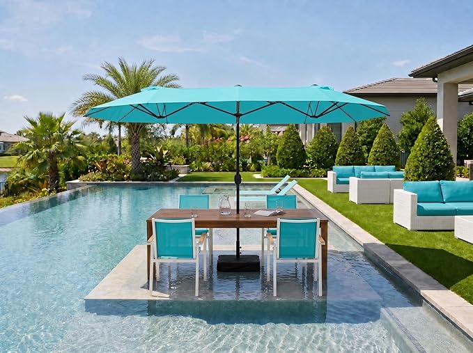 PURPLE LEAF 13ft Patio Market Umbrella with Base Double-Sided Rectangle Outdoor Table Sun Umbrellas with Crank 12 Heavy Duty Sturdy Ribs for Pool Beach Deck Backyard Turquoise Blue