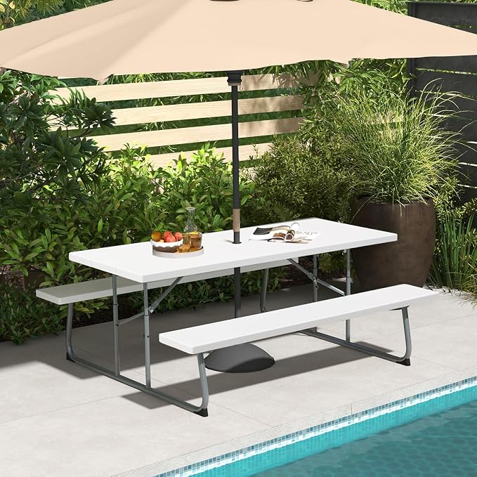 Tangkula 6 Ft Folding Picnic Table, Outdoor 8 Person Large Picnic Table Set with 2 Built-in Benches, Umbrella Hole, Metal Frame & HDPE Tabletop for Garden, Backyard (White)