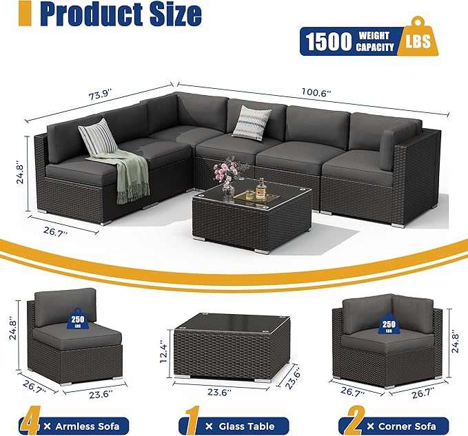7 Pieces Outdoor Patio Furniture Set, Black Brown Wicker Patio Sectional Sofa Set, Outdoor Couch with Cushion and Tempered Glass Table, Grey