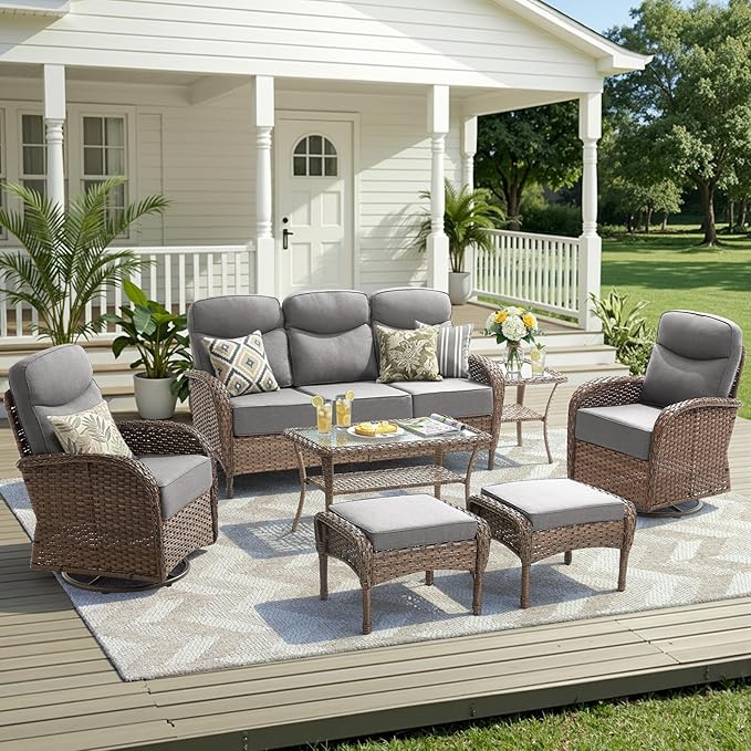 Luxury Outdoor Patio Furniture Set with 6-Inch Thick Cushions, 7 Pieces Wicker Outdoor Furniture with High Back Swivel Patio Chairs Set of 2, Outdoor Conversation Set for Deck Garden Porch, Gray