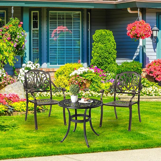 23.6" Cast Aluminum Outdoor Dining Side Table,Round Patio Dining Table,All-Weather Outdoor Dining Table,with Umbrella Hole,for Garden Pool Deck Lawn Backyard (Black)