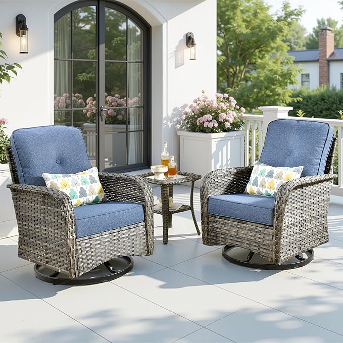 3 Pieces Patio Furniture Set,All-Weather Rattan Wicker Outdoor Furniture with Swivel Rocking Chairs and Side Table,High Back Conversation Set for Porch,Backyard,Balcony,Denim Blue