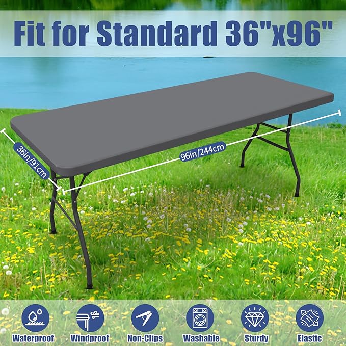 Moosfor Spandex 8 Foot Rectangle Table Cloth 2 Pack, Elastic Fitted Tablecloths for Picnic, Stretch Washable Patio Table Cover for Outdoor, Camping, Banquet and Parties (Grey, 36"x96")