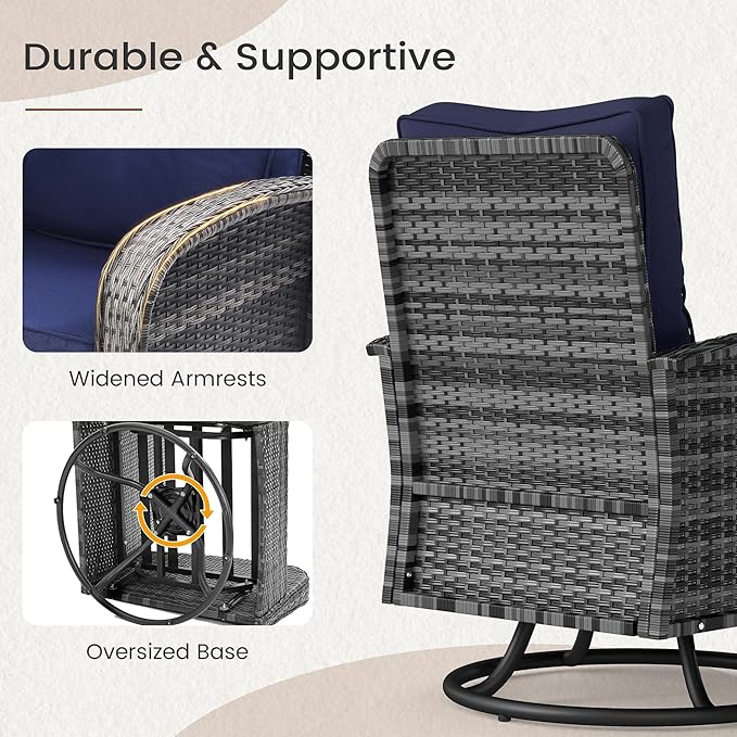 Kromax Outdoor Patio Furniture Set, All-Weather Wicker Swivel Glider Chairs Set of 2 with Coffee Table Table & Thick Machine Washable Cushions for Backyard, Garden, Porch, Grey/Blue