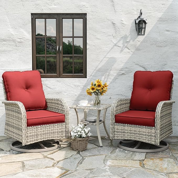 Patio Rocking Swivel Chair Outdoor Wicker Rattan Bistro Set with Tempered Glass Side Table, Outdoor Patio Furniture Set for Garden, Deck, and Balcony, Red
