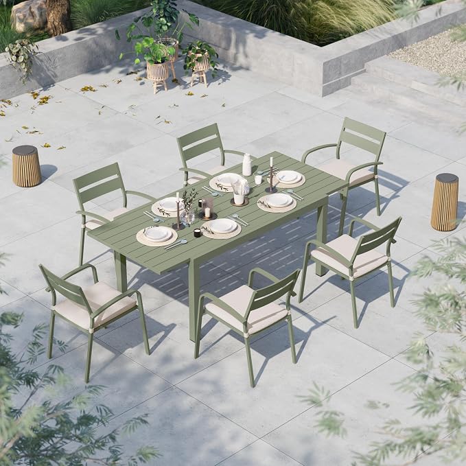 Soleil Jardin 7-Piece Outdoor Patio Dining Set, 59" - 83" Aluminum Expandable Outdoor Dining Table Set for 6, 6 Stackable Chairs with Beige Removable Cushions, Green