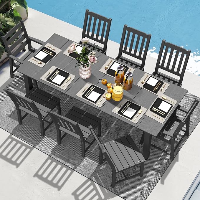 LOUNZY 9 Pieces Patio Dining Sets, Outdoor HDPE Furniture Set for 8 w/ 2" Hole Cut-Out Dining Table with 8 Patio Chairs(2 W/Armrest, 6 w/o Armrest), Gray