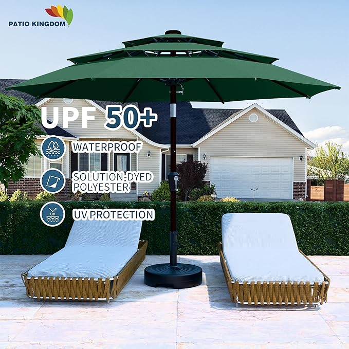 PatioKingdom 9ft 3-Tier Patio Market Umbrella with Crank/Tilt, Commercial Heavy Duty Wind Proof,Outdoor Table Umbrella with 8 Fiberglass Ribs,UPF50+ for Deck,Pool,Garden,Backyard (Dark Green)