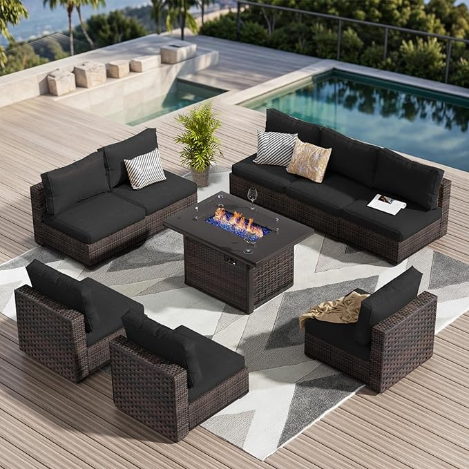 9 Pieces Outdoor Sectional Patio Furniture Set with Fire Pit Table PE Rattan Wicker Patio Sectional Armless Conversation Set with Cushions Black
