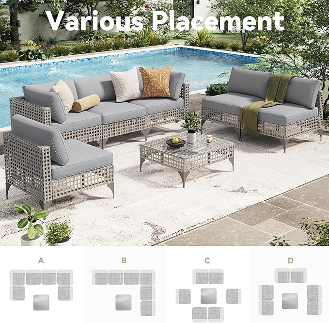AECOJOY 7 PCS Patio Outdoor Furniture Set with Tea Table, Boho Outdoor Sectional Outdoor Sofa Wicker Conversation Set, Grey Rattan&Light Grey Cushions