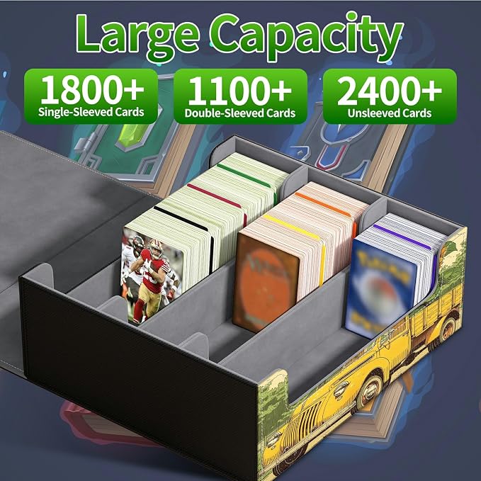 Large Card Deck Box for MTG, Fits 1200+ Sleeved Cards, PU Leather Storage Case with Strong Magnetic Closure, Multiple Colors Available for TCG CCG Baseball Card Collections, Sunflower Truck