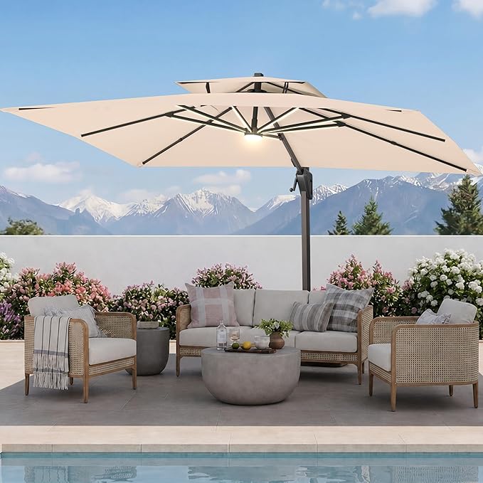 10 X 13 FT Cantilever Patio Umbrella with Led Lights Heavy Duty Windproof Double Top Large Rectangle Offset Umbrellas with 360-degree Rotation for Garden Pool Deck Backyard, Beige