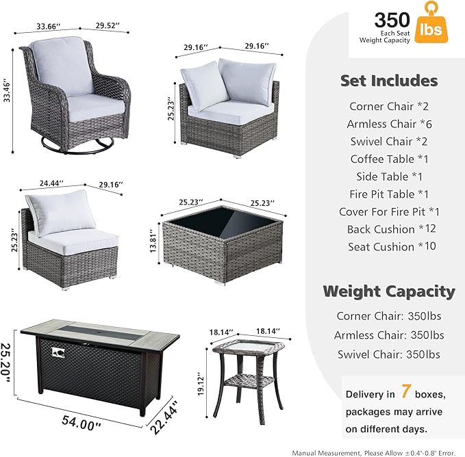 HOOOWOOO Outdoor Patio Furniture with Fire Pit Set 13 Pieces Patio Set with Fire Pit Wicker Outdoor Furniture with Fire Pit Table Set Patio Sectional Set with Swivel Chairs,Gray
