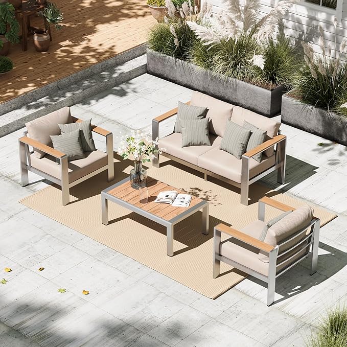 Aluminum Outdoor Patio Furniture Set with Coffee Table, 4 Piece Patio Conversation Sets with Washable Thick Cushions, Outdoor Sectional Furniture Set for Porch, Balcony, Deck, Yard, Silver