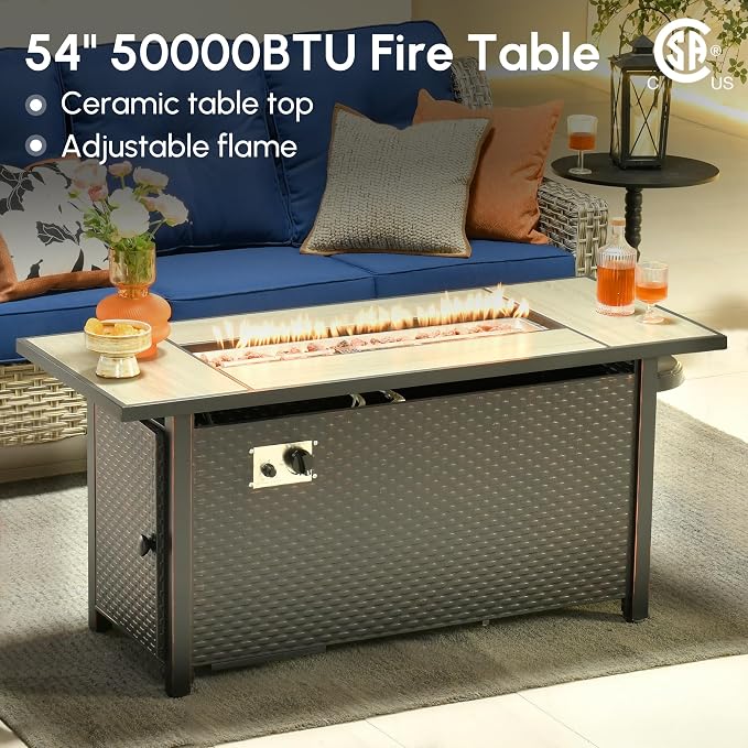 10 Pcs Outdoor Sectional Patio Furniture Set with Fire Pit Table - All Weather Wicker Modular Outside Sectional Couch,Patio Seating Outdoor Conversation Sets for Deck Yard Garden,Navy Blue