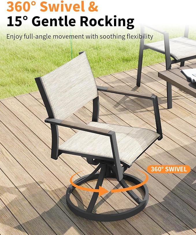 9 Pieces Expandable Outdoor Dining Set, Aluminum Patio Dining Set with 2 Swivel Chairs, Extendable Dining Table and 6 Double-Layer Textilene Stacking Dining Chairs for Deck, Lawn, Limed Oak