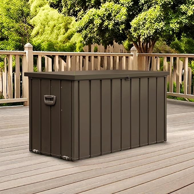 ChicFurnit Outdoor Storage Box, 120 Gallon Deck Box with Lockable Metal Lid & Portable Side Handles, Outdoor Storage Bin with Stable Support Rod, Soft Close Mechanism & Mobility Rollers, Dark Brown