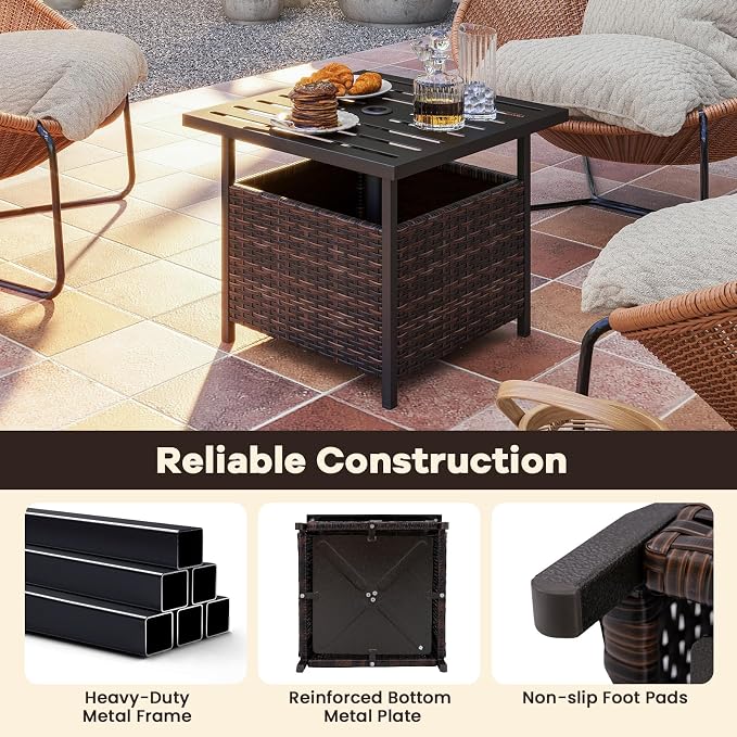 HAPPYGRILL Wicker Patio Umbrella Table with 1.57” Umbrella Hole, Outdoor Rattan Side Table with Heavy Duty Metal Frame, 22” Square PE Rattan End Table for Deck Backyard Poolside (Mix Brown)