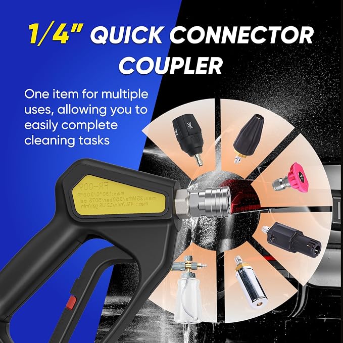 KONOSUBA Short Pressure Washer Gun 5075PSI with 360° Swivel,2 Adapter,5 Pressure Washer Nozzles,1/4" Quick Connector,3/8'' Quick Connect, M22-14/15 mm Fitting (new Gun 5075PSI)