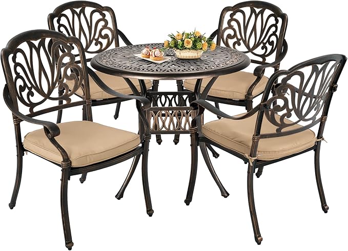 Grepatio 5 Piece Outdoor Dining Set Cast Aluminum Patio Dining Set Table and Chairs Outside Furniture 4 Chairs and 1 Umbrella Hole Table for Lawn Garden Patio (Khaki)