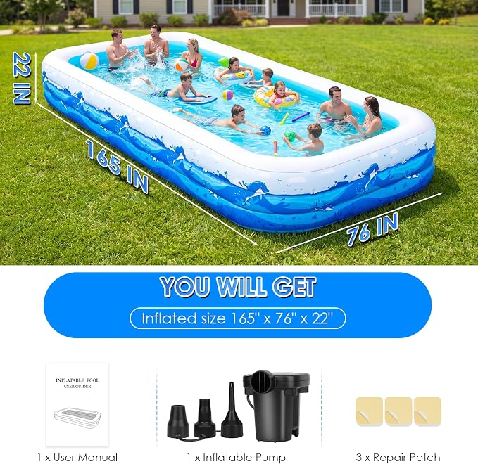 Extra Large Inflatable Pool for Adults, 165"x76"x22" Full-Sized Blow Up Pool with 0.6mm PVC & Cute Animal Print, Big Family Swimming Pool for Backyard Outdoor Summer Water Party