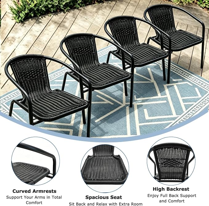 8 Stackable Wicker Patio Chairs, Weather-Resistant Outdoor Seating, Ideal for Balcony Porch Lawn & Small Patio Furniture Set Decor, Black