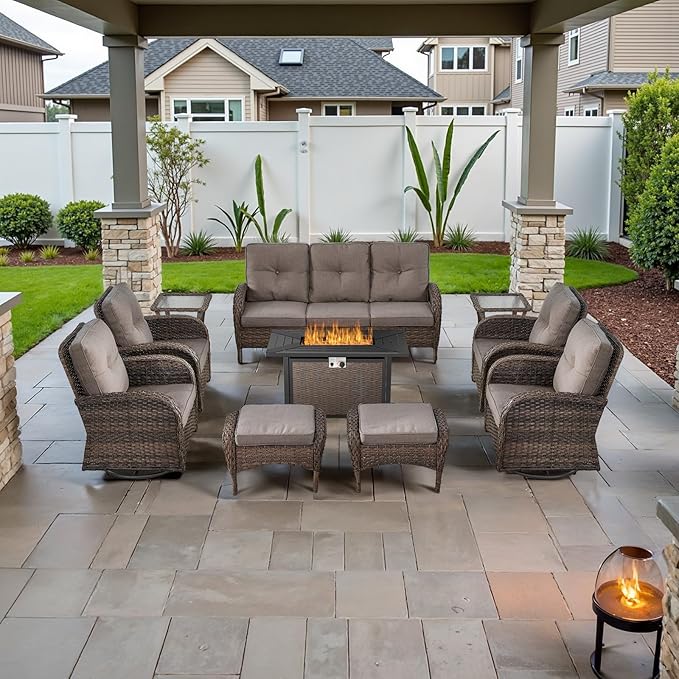 Belord Expansive 10 Pieces Outdoor Patio Furniture Set with 43” Propane Fire Pit Table, Patio Conversation Set with Swivel Rocker Outdoor Chairs Set of 4 and Sofa, Ottoman and Wicker Side Table Brown
