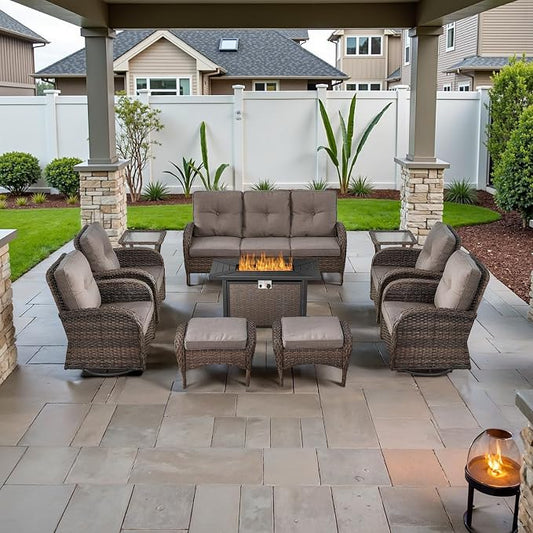Belord Expansive 10 Pieces Outdoor Patio Furniture Set with 43” Propane Fire Pit Table, Patio Conversation Set with Swivel Rocker Outdoor Chairs Set of 4 and Sofa, Ottoman and Wicker Side Table Brown