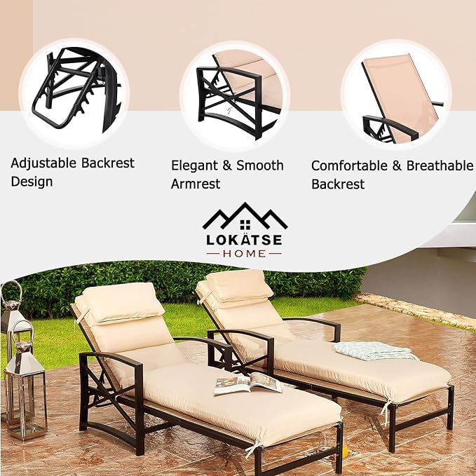 LOKATSE Home Outdoor Adjustable Chaise Patio Steel Furniture Metal Lounge Chair with Cushion