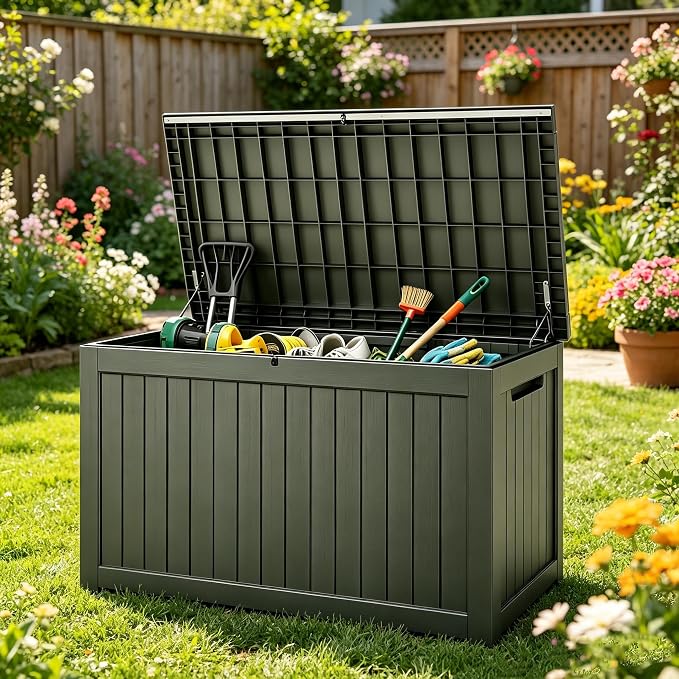 Fancyango 270 Gallon Outdoor Deck Box Waterproof, Large Storage Box for Patio, Resin Storage Bench Lockable for Garden Tools, Package Delivery, Grey