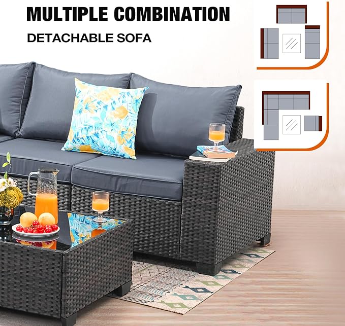 JOYURE 7 Pieces Patio Furniture Set All-Weather Outdoor Wicker Sectional Conversation Sofa Rattan Patio Seating Sofa with Cushion and Glass Table for Porch Poolside,Grey