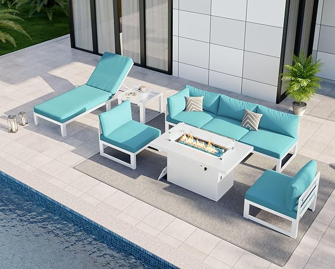 NICESOUL 8 Pcs Large Modern Aluminum Outdoor Sofa with Lounger & Fire Pit Table, 29" Deep Wide Seat, 500 lbs Durable Sectional Set for Heavy People, All Weather Patio Furniture Set for Backyard, Teal