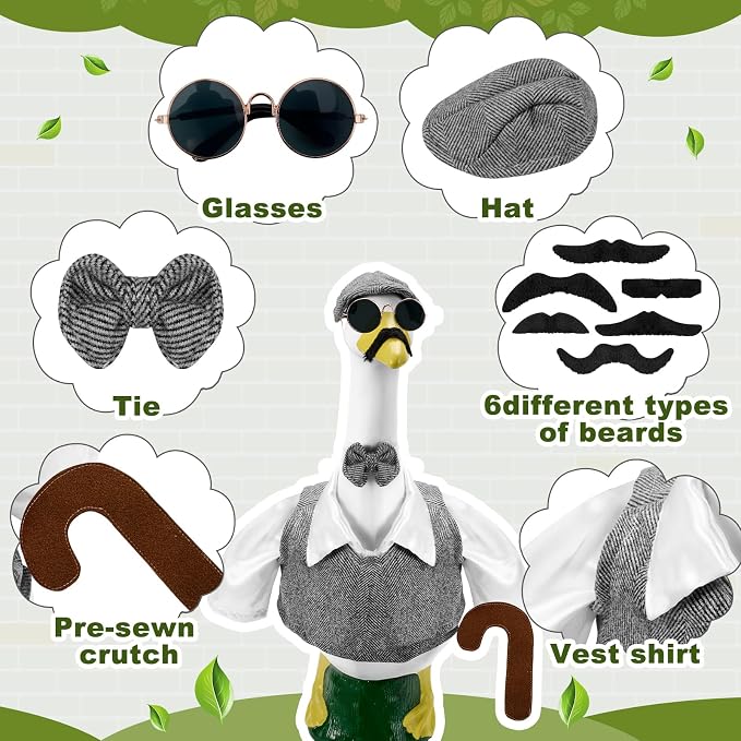 1 Set Old Man Porch Goose Outfit for 23 Inch Goose Statues | Includes Grandpa Porch Goose Clothes with Hat, Glasses, Mustache and Bow Tie for Summer Yard and Garden Displays