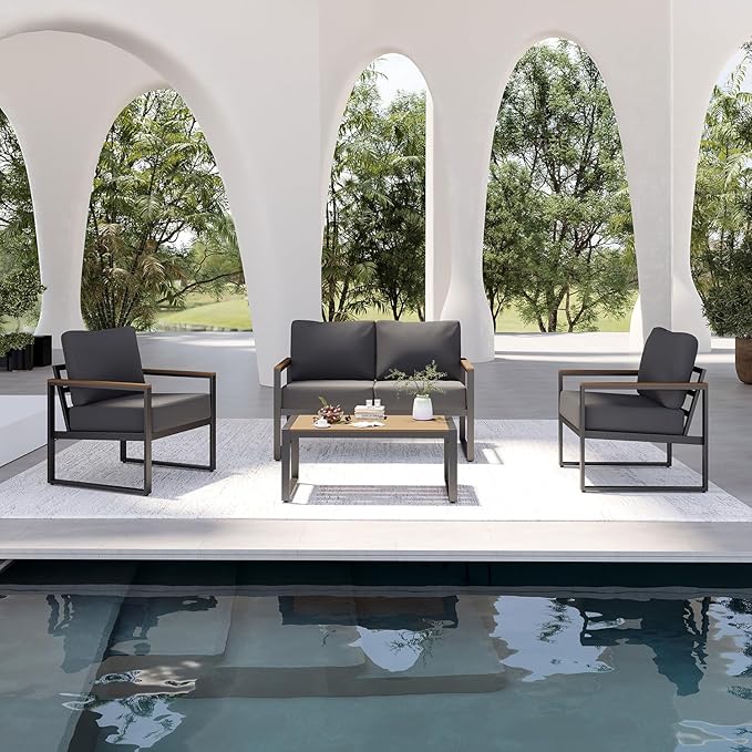 Aoxun Patio Furniture Set, 4 Piece Outdoor Patio Furniture with Thick Cushions, Modern Metal Outdoor Conversation Sets with Coffee Table for Porch, Balcony, Deck Dark Grey