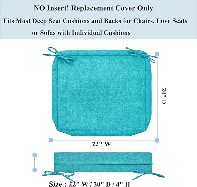 FUNHOME Outdoor Chair Cushion Covers 2 Pack, No Insert! Patio Cushion Covers Replacement 22" x 20" x 4", Water Resistant Patio Chair Cushion Slipcovers, Aqua Blue(Covers ONLY)