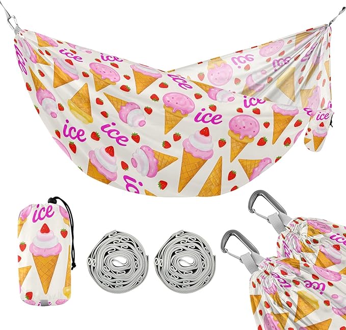 Camping Hammock Outdoor Hammocks for Outside Ice Cream Cone Strawberry Beach Trees Portable Lightweight with Pockets Tree Straps Indoor Small