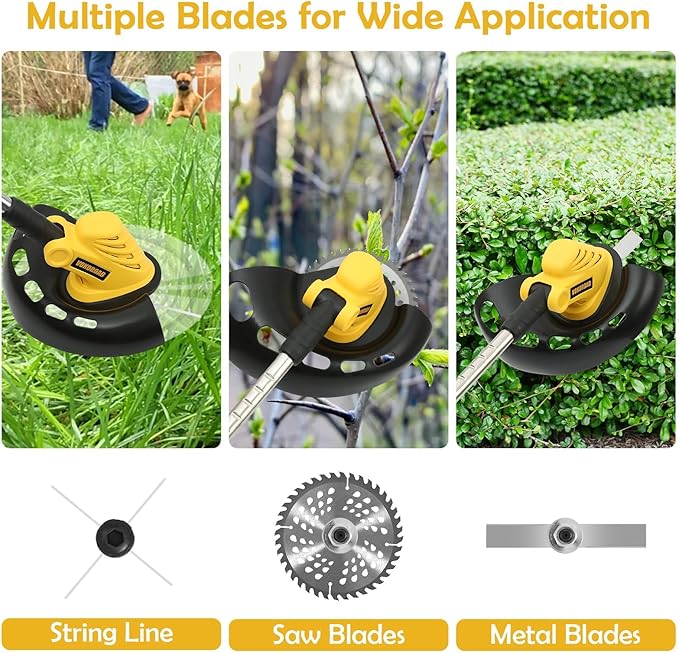 Cordless Weed Wacker & Edger for Dewalt 20V Battery, 157cm/61in Electric String Trimmer Brush Cutter with Brushless Motor, Grass Trimmer Kit with Metal Blade & String Line for Garden Yard (Tool Only)