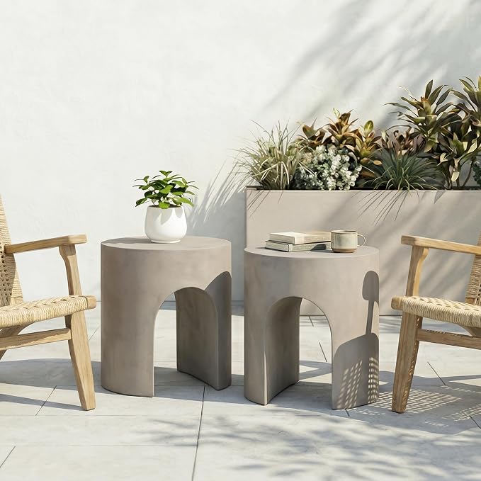SUNBURY Outdoor Side Table, 16" W Concrete End Table w Arch Shape, Round Cement Accent Table Lightweight for Patio, Modern Decorative Garden Stool for Patio, Backyard, Grey