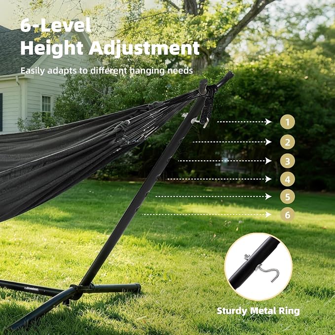EchoSmile Double Hammock with Detachable Stand - 480 lbs Heavy Duty 2 Person Hammock Adjustable Hooks Indoor Outdoor Stand Hammock Durable Steel Frame - Charcoal Gray