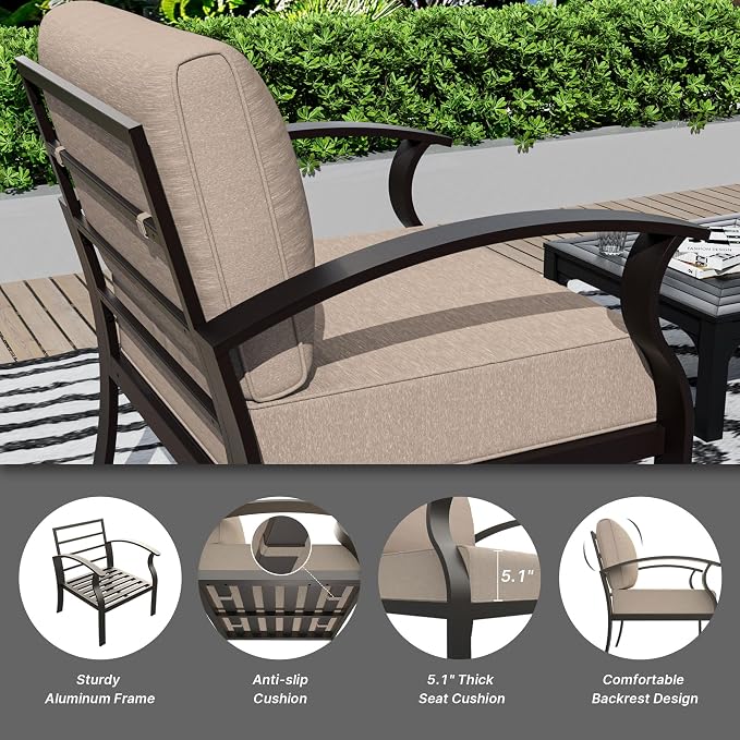 Gotland 8 Seats Outdoor Metal Patio Furniture Set with 55,000 BTU Gas Fire Pit Table w/Glass Wind Guard Patio Conversation Sectional Sofa Sets-Khaki
