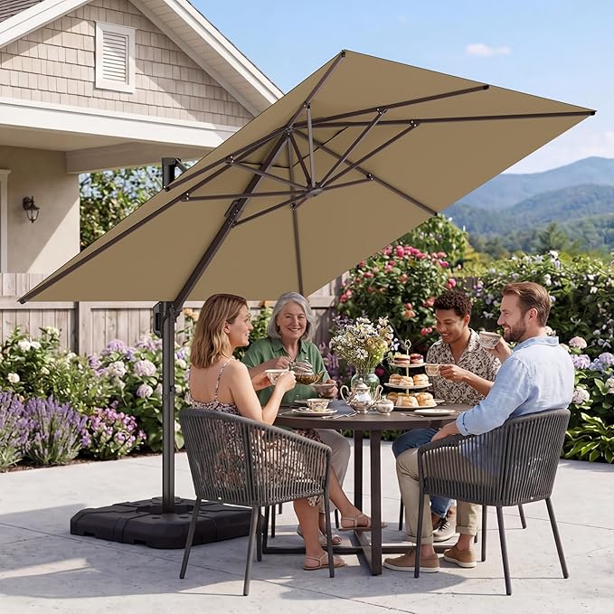 GENTEACO 10X10 FT Cantilever Umbrella, Large Offset Patio Umbrella with 6 Angle Tilts & 360° Rotation, Large Square Sun Umbrellas for Outdoor Patio Pool Deck Market, Tan