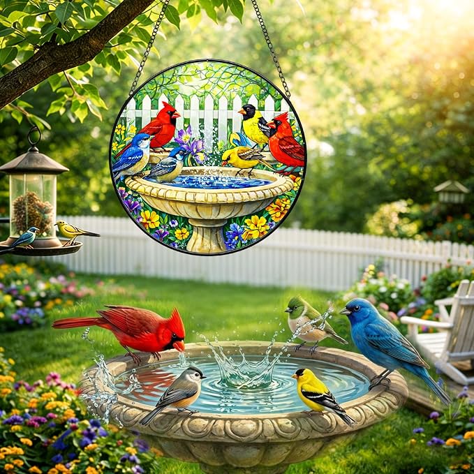 Stained Glass Window Hanging - Colorful Garden Birds Suncatcher for Windows Doors Home Decor, Cardinal Birds Flowers Sun Catcher Gift for Bird Lovers Women Christmas Mother's Day Birthday 7.8 in