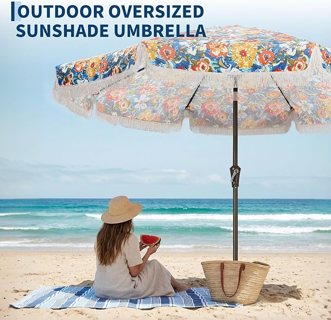 Garvee 10FT Fringe Patio Umbrella with Crank Handle, Push Button Tilt for Sun Shade,8 Fiberglass Ribs,1.5" D Premium Steel Pole, Outdoor Large Tassel Umbrella for Patio Beach Pool Backyard,10' Flower