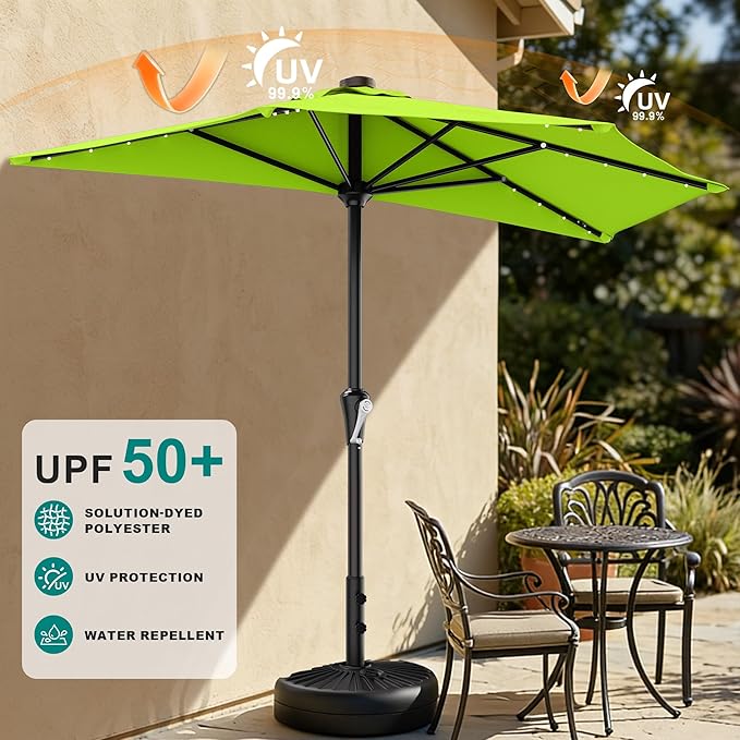 AreShark 9ft Patio Half Umbrellas with Solar Lights, 1/2 LED Half Outdoor Umbrella w/ 20 LED Lights, Lighted Table Wall Umbrella with Crank & 5 Sturdy Ribs for Market, Pool, Deck, Lawn and Garden, Apple Green