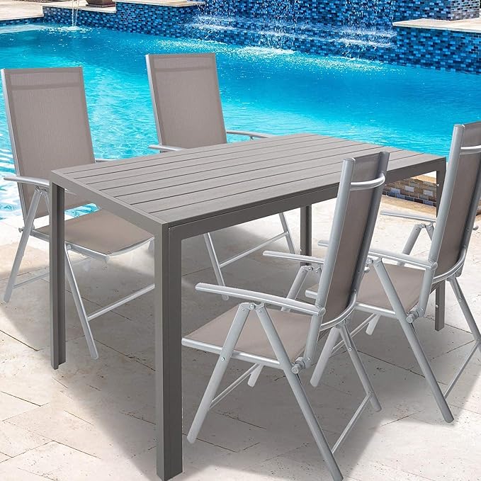 Outdoor Patio Dining Table, Lightweight Aluminum Frame Rectangle Table for 6, PS Table Top Heavy Duty Patio Furniture for Garden, Picnic Table Easy Install Indoor Outdoor Grey