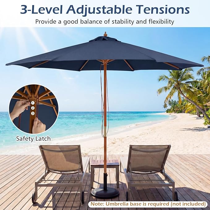 Tangkula 9 FT Patio Umbrella, Outdoor Table Market Umbrella with 8 Wooden Ribs, 3 Adjustable Heights, Rope Pulley System for Garden, Vented Top for Pool Backyard Deck Garden