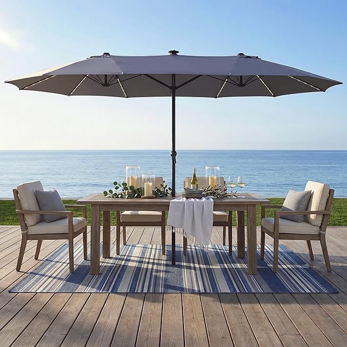 15FT Large Double Sided Patio Umbrella, Fade Resistant Outdoor Umbrellas with Fiberglass Ribs, Solar Panel, LED Lights & USB Charging, Rectangular Market Umbrella with Aluminum Crank for Garden, Party, Lawn, Poolside, Backyard, Navy Blue