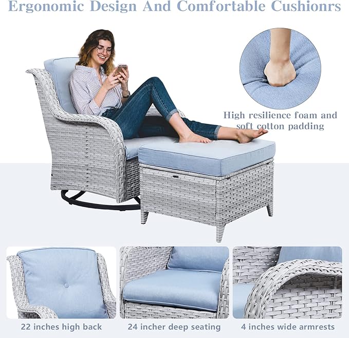 Belord Wicker Patio Furniture Sets - 8 Piece Outdoor Rattan Furniture Conversation Sets with 4 Swivel Rocker Chairs, Outdoor Sofa, Wicker Ottomans and Coffee Table, Light Grey/Baby Blue